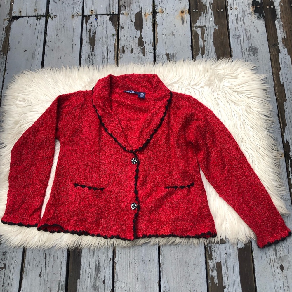 Wind River Fuzzy Collared Long Sleeves Black Trim Red Knit Cardigan Sweater M/L